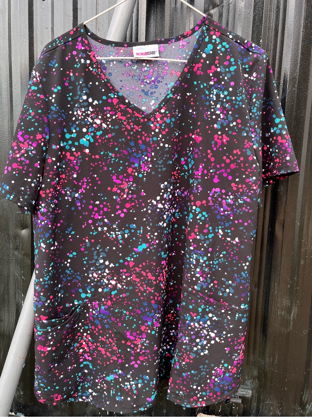 Scrubstar Medium Black Short-Sleeve Top with Pink, Purple, Teal & White Splatter